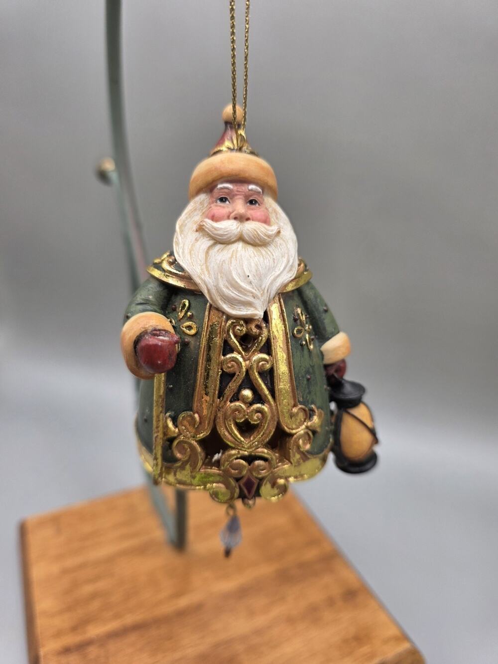Vintage Old World Santa Ornament Green Robe Gold Filigree Lantern Teardrop...